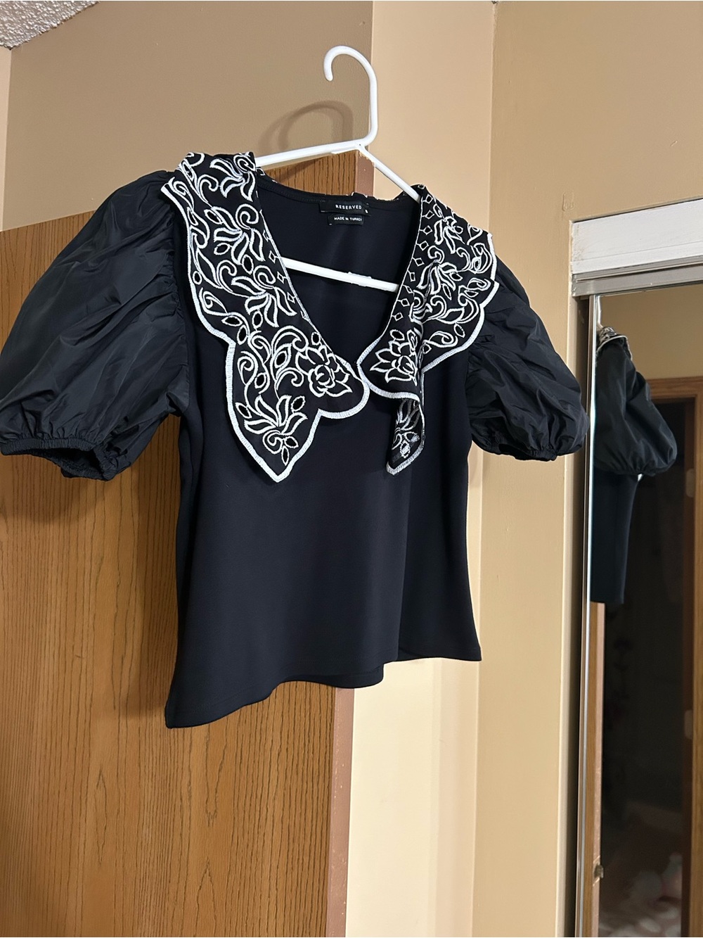 Reserved Black Blouse with White Embroidered Scalloped Collar